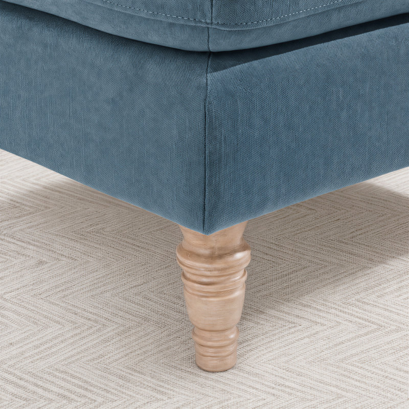 Bernard Upholstered Fabric Pouffe Footstool With Rubberwood Legs - Classic Detailed Design, Blue Chenille