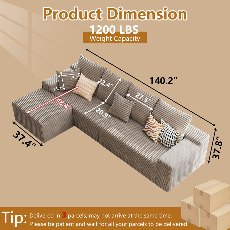 140" Modular Cloud Sectional Sofa With 1 Ottoman,Modern Minimalist Upholstered Couches, Comfort L Shaped Sofa For Living Room,Deep Seat Corner Couch,No Assembly Required,5 Seater