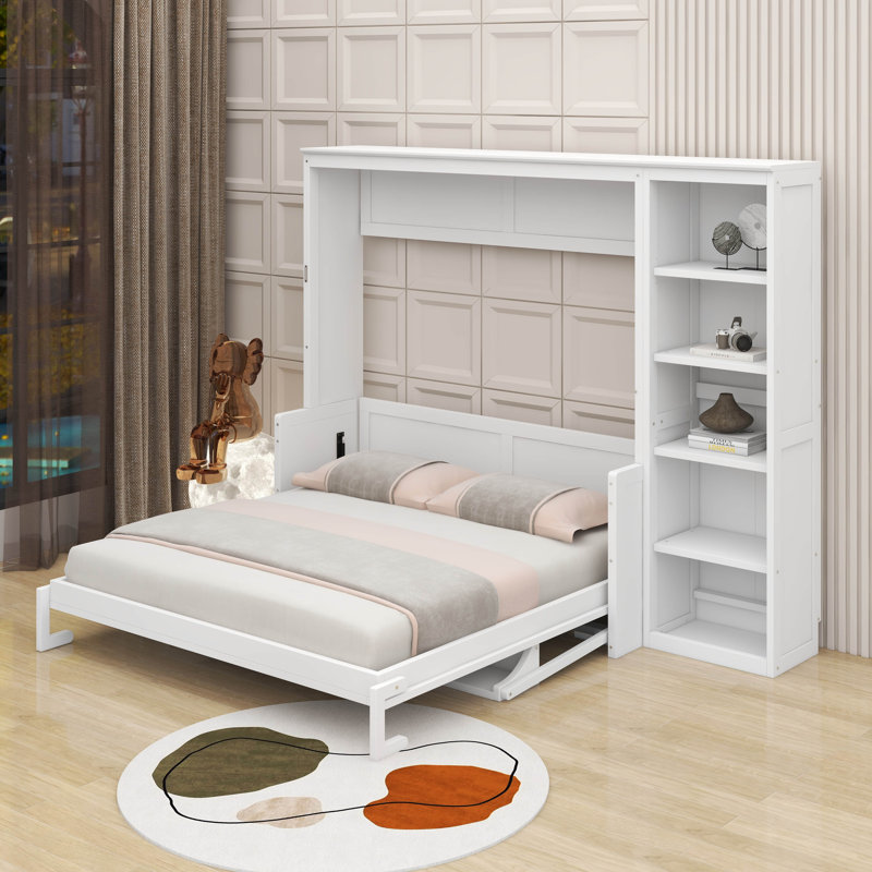 Grand lit escamotable avec bureau et bibliothèque, Blanc, Grand lit