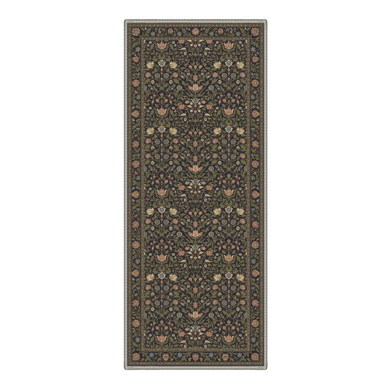 Ariane Floral Machine Washable Green / Black Indoor Area Rug with Non-Slip Backing, Runner 2'6" x 8'