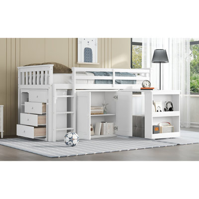 Twin Loft Bed With White Finish And Functional Storage - Cabinet, Drawer, Shelf, Desk Strong Safe Rubber Wood In Pull-Out Bedroom Option