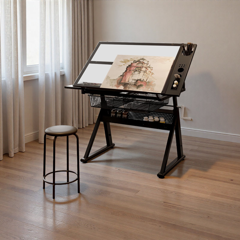 Hand Crank Adjustable Tempered Glass Drafting Drawing And Printing Table With Chair And Storage Space For Living Room, Study, Bedroom