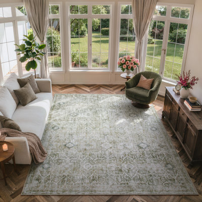 Vintage Tribal Cashmere Washable Green 8X10 Area Rug - Soft Oriental Distressed Design for Living Room, Bedroom, or Study Decor