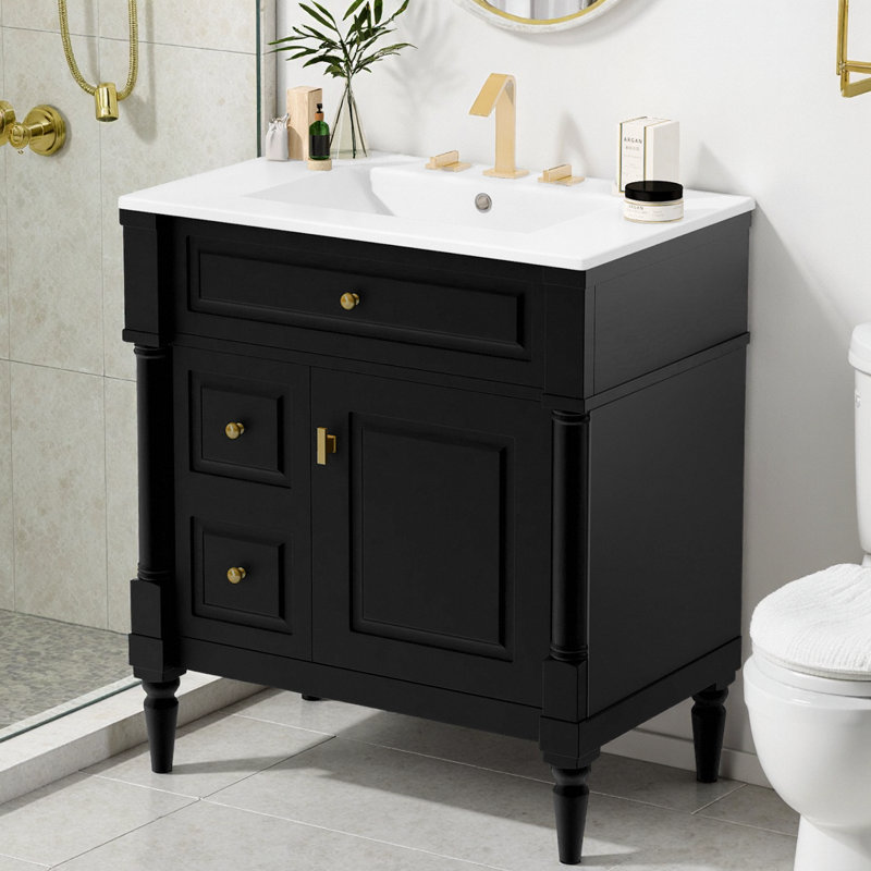 Meuble-lavabo moderne 30 po avec lavabo, armoire autoportante avec tiroir rabattable et tablette réglable, meuble-lavabo en bois massif avec lavabo en céramique