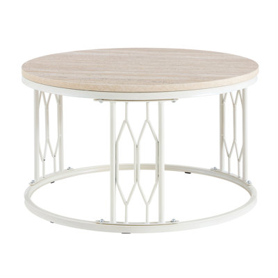 Table basse ronde en panneau de fibres à densité moyenne en bois naturel à surface texturée artistique à découpes en diamant blanc cassé Structure polyvalente convenant à plusieurs thèmes de décoration intérieure