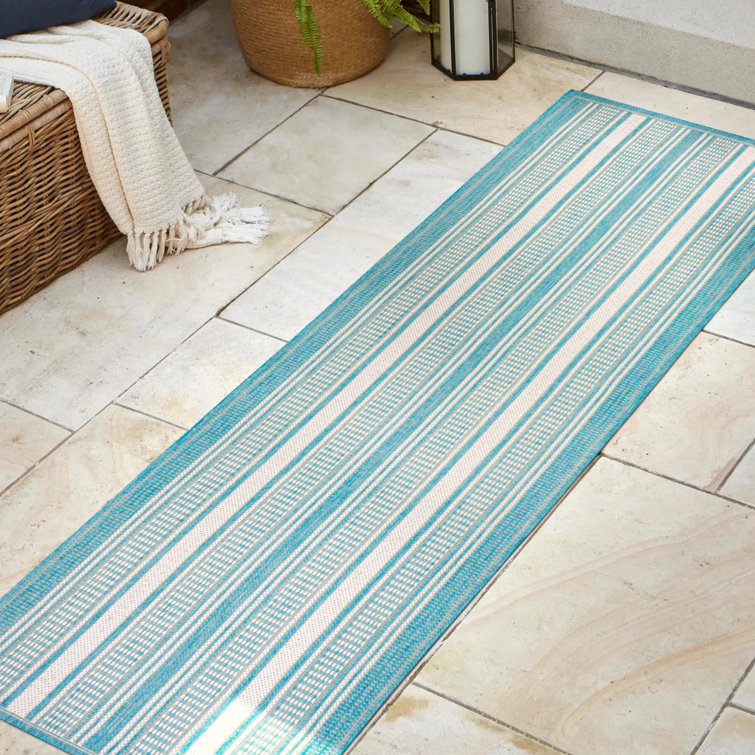 Gargatha Modern Double Stripe Aqua/Beige Indoor/Outdoor Rug