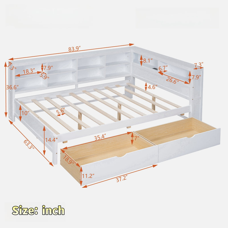 Lit de jour en bois avec 2 tiroirs, tablette de rangement et ports de chargement USB, Blanc