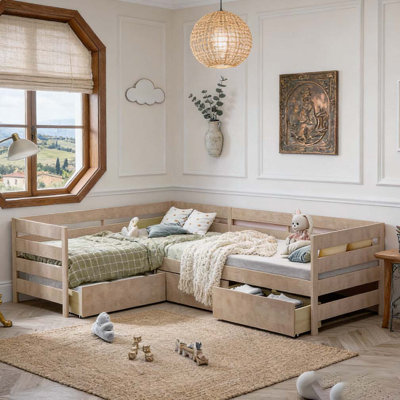 Twin Size L-shaped Platform Bed with Three Storage Drawers