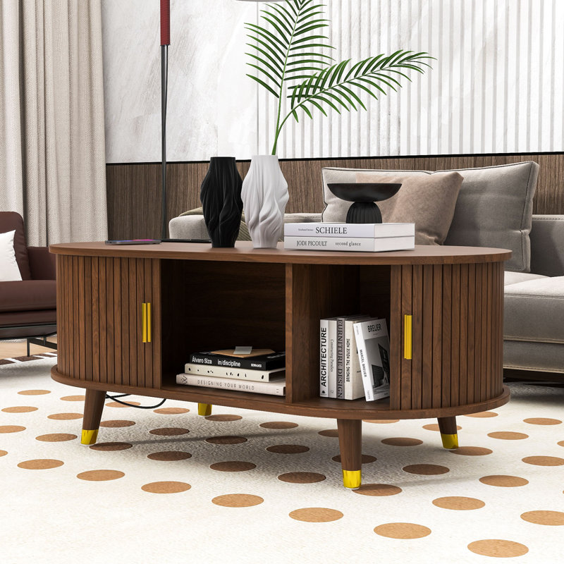 Table basse de style Mid-Century moderne avec porte coulissante en forme de tambour, station de charge intégrée, Noyer