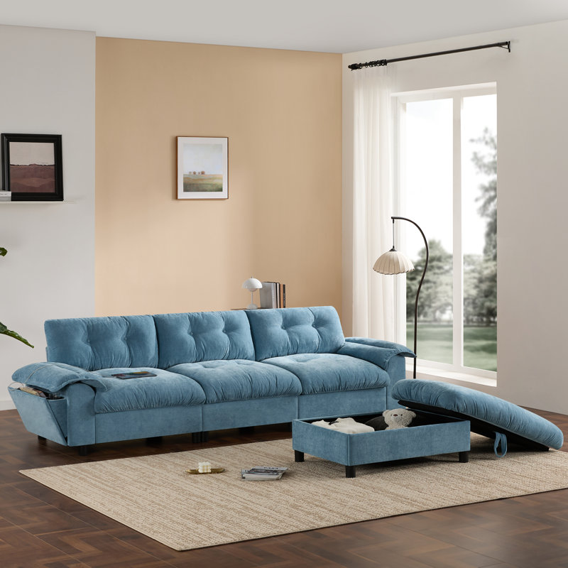 Malaquas L-Shape Chenille Sectional Sofa with Storage Ottoman & Charging Ports, Light Blue Chenille