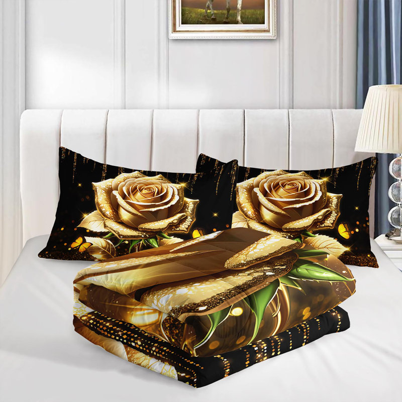 Ensemble d'édredon Luxury Rose, ensemble de literie romantique avec 2 taies d'oreiller, literie douce et lavable à la machine, édredon toutes saisons pour le décor