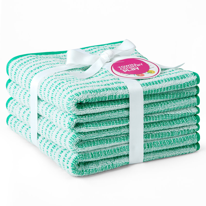 TOWN & COUNTRY PLAY 4-Piece Striped Reversible Terry Brights Hand Towel Set, 20x30-Inch, 100% BCI Cotton, Green