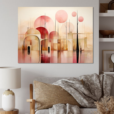 Full Moon Cityscape Vintage Pink Gold Watercolor - Abstract  Wall Art Prints