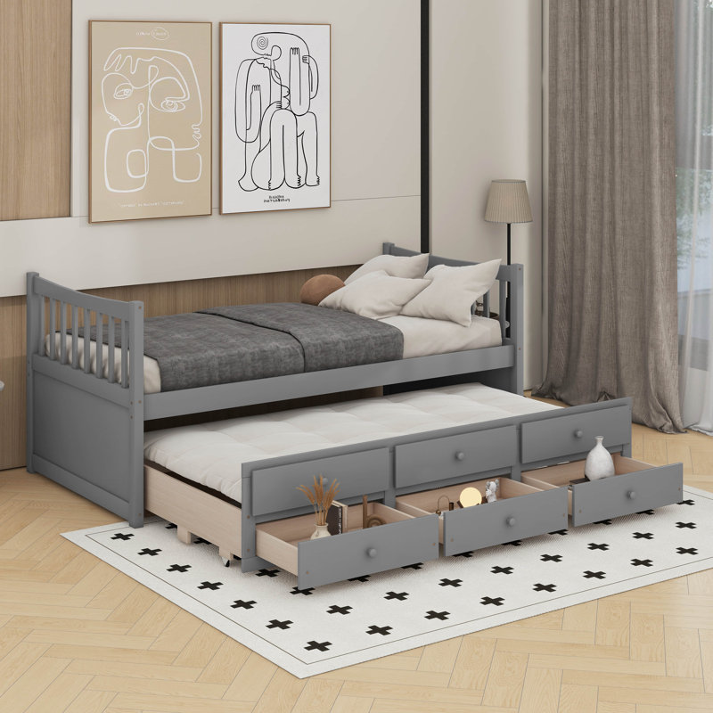 Twin Size Daybed With Drawers And Trundle, Gray