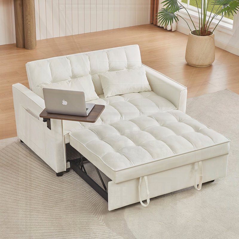 Taliesen Square Arms Loveseat, Sofa Bed, White Velvet, 31.5" H x 53.14" W x 34.64" D