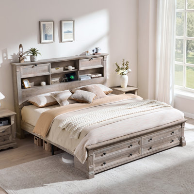 Farmhouse Storage King Bed Frame with 2 Underbed Drawers, Storage Headboard with 2 Bedside Drawers & Open Bookcase Shelves, Charging Station Included