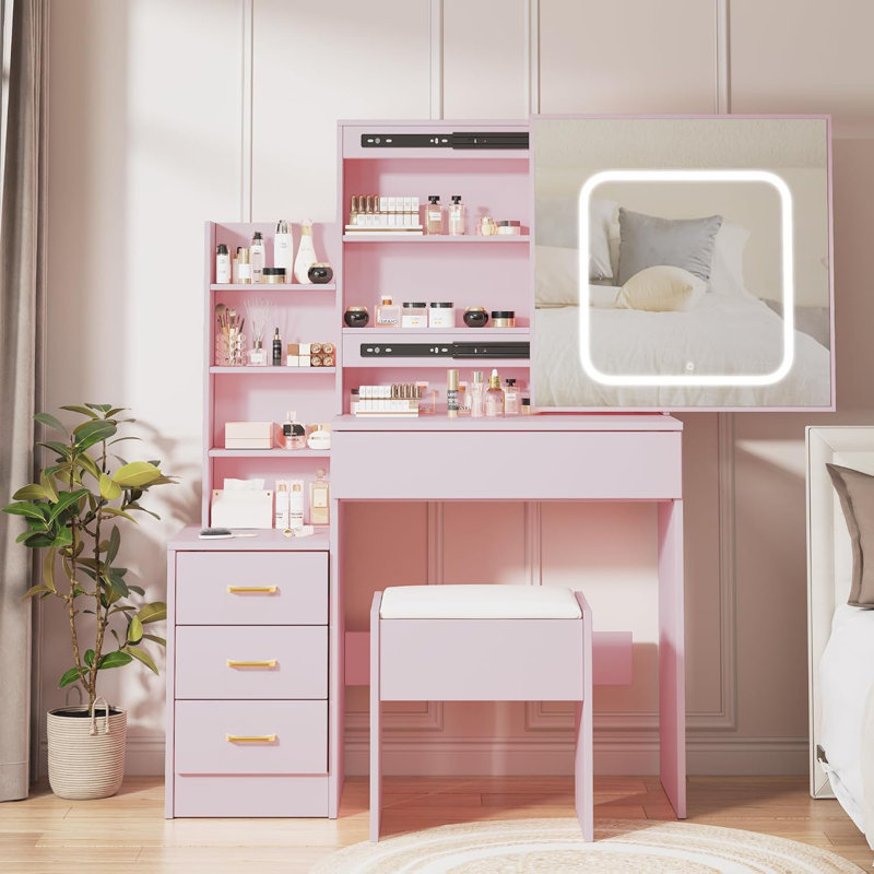 Vanity Desk with Mirror and LED Lights, Makeup Vanity Desk with Sliding Lighted Mirror, Dressing Table Set with Stool & 4 Drawers, Storage Shelves
