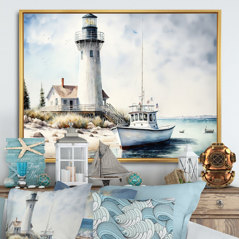 Bateau de pêche et phare I - plage côtière, art mural, Toile tendue, H 24 po x l 32 po x P 1 po
