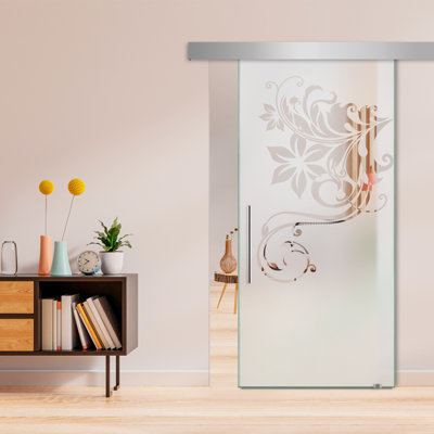 Frameless Glass Sliding Barn Door with Sandblasted Modern Design + Hardware Kit (Semi-Private)
