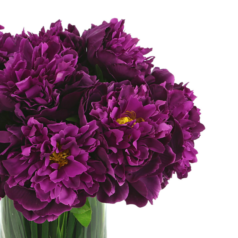Peony Arrangement in Glass Vase with Grass, Purple