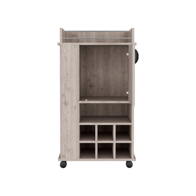 Chariot-bar Fraser avec 6 porte-bouteilles et roulettes intégrés, salon, Chêne clair