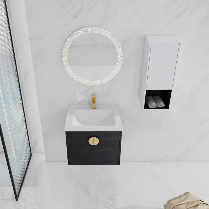 Meuble-lavabo mural 24 po avec lavabo en céramique et armoire latérale, portes à fermeture en douceur, armoire combinée (KD-Packing), meuble-lavabo