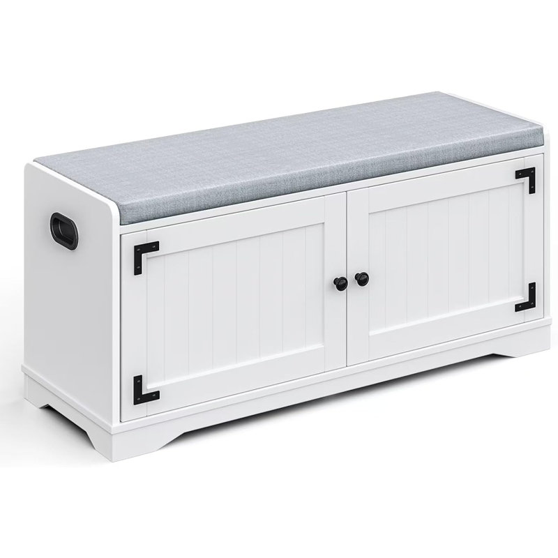 2-Tier Shoe Storage Bench – 39.4" Shoe Bench with Padded Seat, Handles, 2 Doors, and Adjustable Shelf for Entryway, Living Room, Bedroom, Hallway, or Closet – White