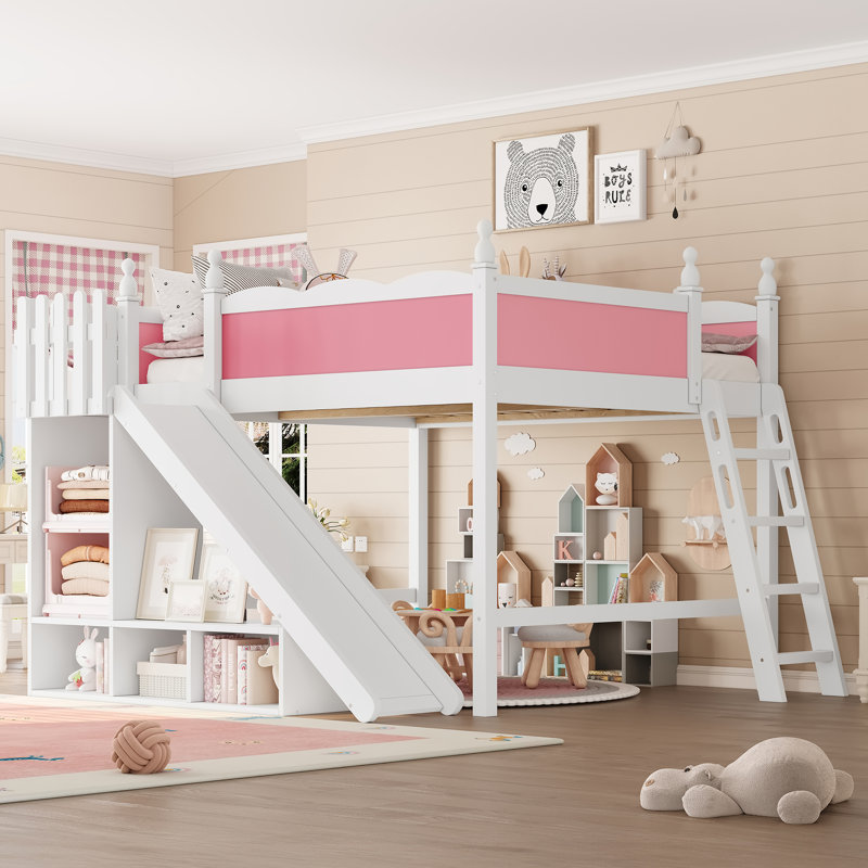 Grand lit mezzanine avec tablettes et armoire de rangement, lit mezzanine pour enfants avec glissade et échelle amovibles en bois massif, rose et blanc