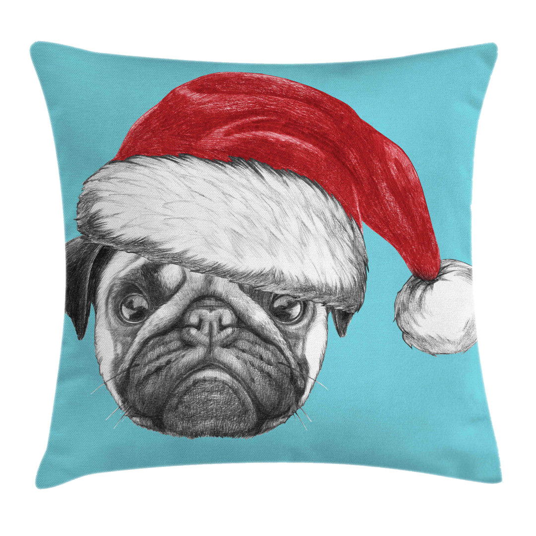 Kissenbezug, Hund mit Weihnachtsmütze X-Mas, Mops, Grau Blau Rubin