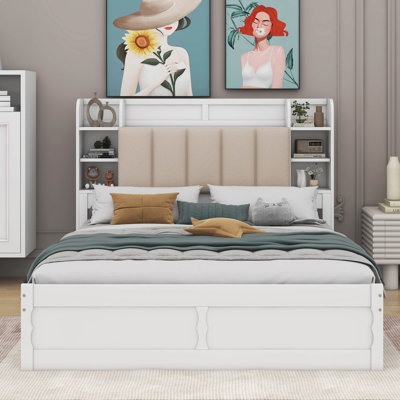 Bep Wood Queen Size Platform Bed With Storage Headboard, Shelves And 2 Drawers -  Red Barrel StudioÂ®, 5C9E38F0F0CA4BB58C5C922402092066