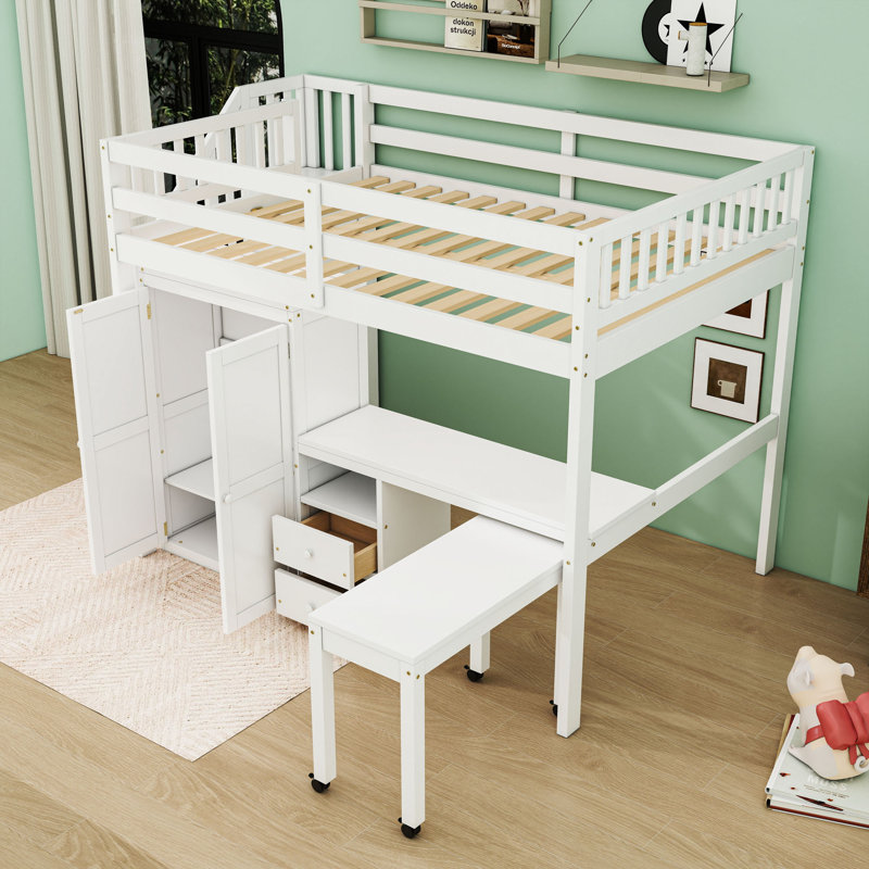 Lit mezzanine à deux tiroirs avec bureau intégré, tablettes de rangement et garde-robe, Double, Blanc