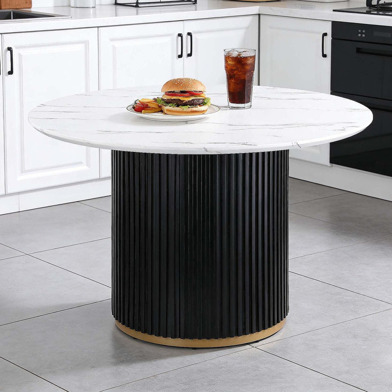 Table de salle à manger de 46 pouces en faux marbre, base en métal noir Wave avec décoration dorée - pouvant accueillir 4 personnes pour la cuisine et la salle à manger