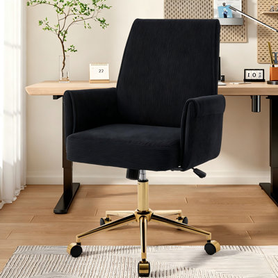 Chaise de bureau ergonomique pivotante et rembourrée, réglable en hauteur, avec base dorée, pour étudier et se détendre, noire