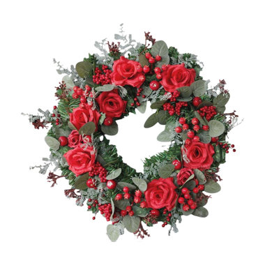 Couronne de Noël artificielle 15,7 pouces avec roses artificielles rouges, grappes de baies rouges et feuillage mélangé pour la décoration des Fêtes