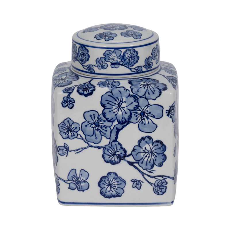 Pot décoratif en céramique de cerisier chinois avec couvercle - Décoration intérieure pour table haute et accessoires floraux - 9 po, bleu et blanc