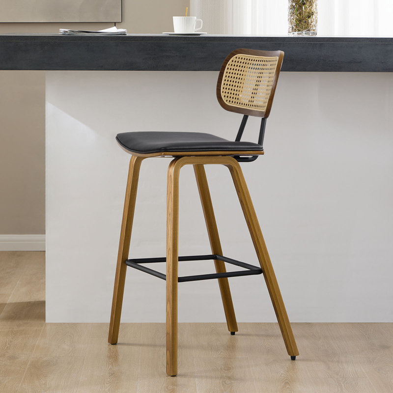Upholstered Rattan Counter & Bar Stool, Black Faux Leather, 1, Counter Stool (27.17"" Seat Height)"