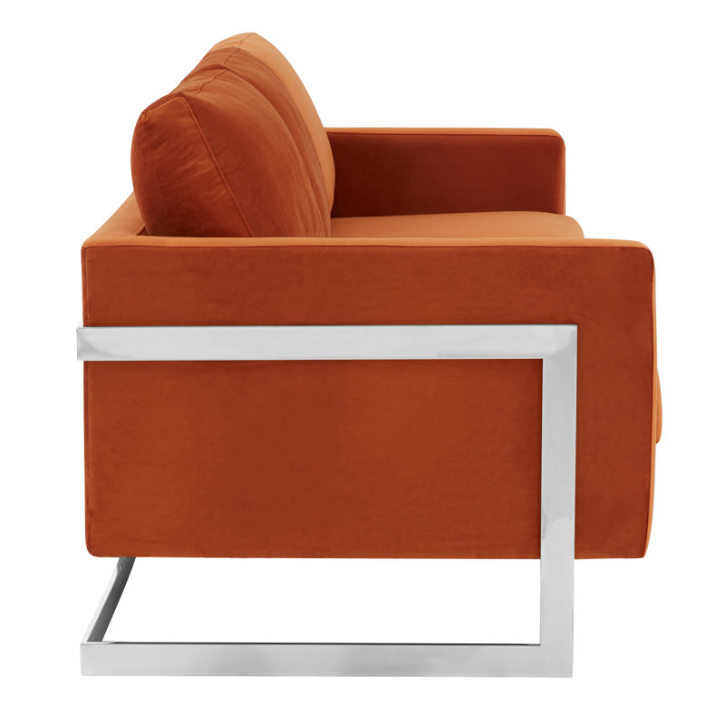 Elegant Velvet & Wood Sofa in Orange Marmalade with Gold Steel Legs