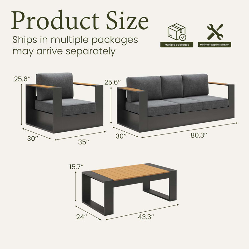 Outdoor Oversized Aluminum Conversation Set With Firepit Table And 6-inch Cushion, 4 Pcs: 2 Chairs, Sofa, Coffee Table