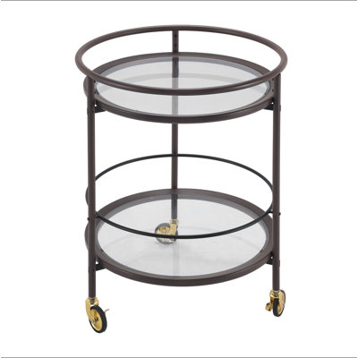 Modern Coffee Brown Round Bar Cart with Tempered Glass Shelves and Gold Locking Casters