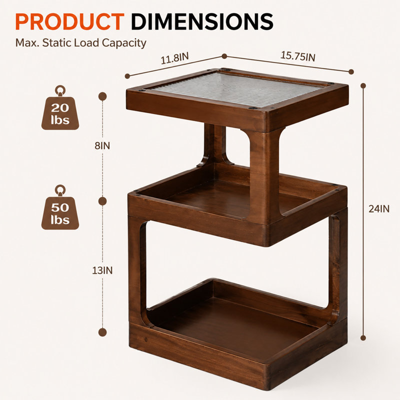 Solid Pine Wood 3 Tier Side Table with Fluted Top