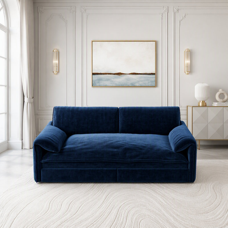 Grand canapé-lit coulissant avec rangement latéral et port USB, Velours bleu