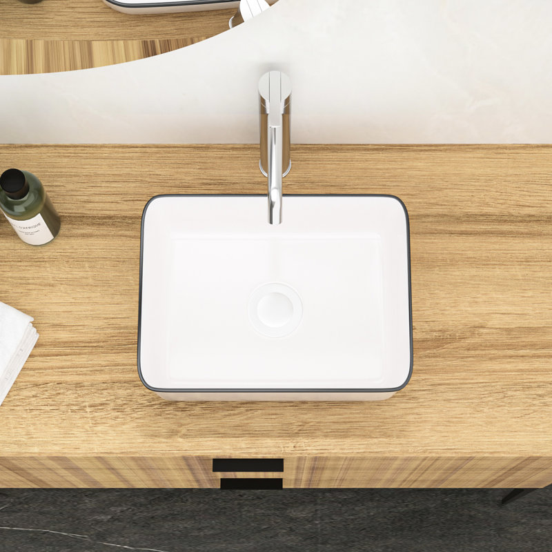 Modern White Ceramic Rectangular Vessel Sink 16X12 Inch - Versatile Bathroom Quality Design, White/Black
