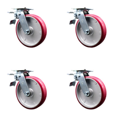 8 Inch Poly on Aluminum Caster Set with Ball Bearings and Total Lock Brakes SCC