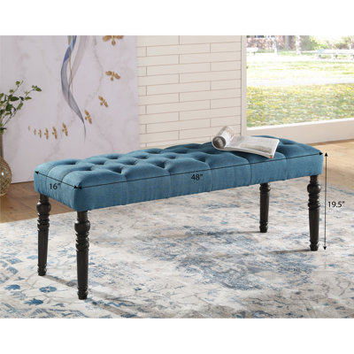 Dining Bench In Blue Fabric - Solid Wood Frame & Turned Legs, 48"W X 16"D 19.5"H Leg For Home Decoration , Wood, 48W 16D 19.5H