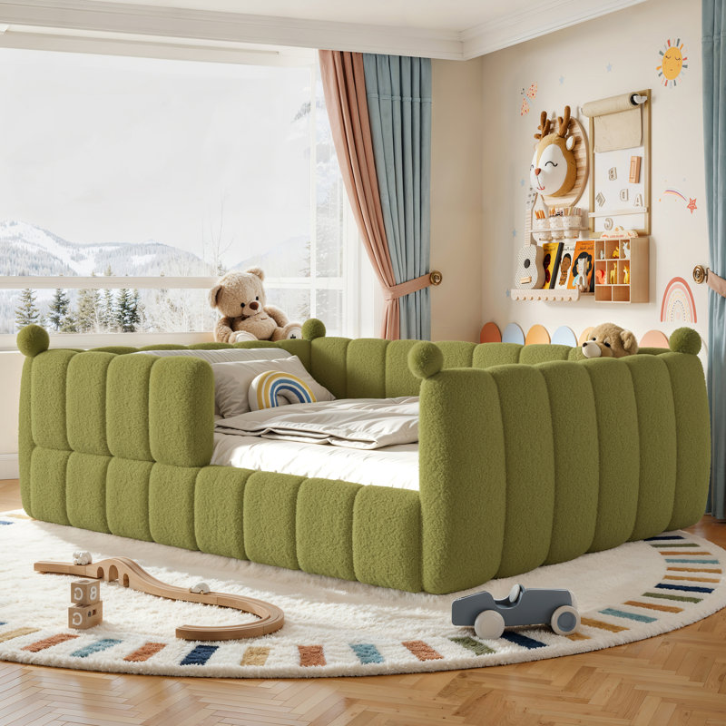Grand lit tapissier pour grand lit pour enfant, lit de sol Montessori avec rails de sécurité entourant le lit, cadre de lit d'enfant bas pour enfants, vert