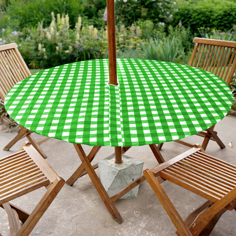 Jevdokija Vinyl Picnic Fited Tableclth With Umbrella Hole 30" Round, 30" x 30", Green
