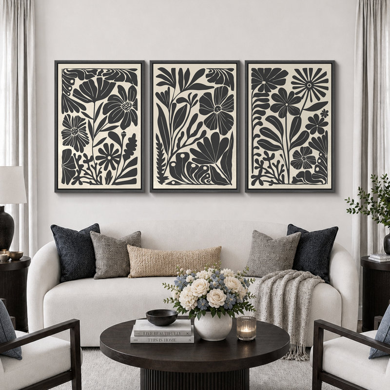 Abstract Botanical "Boho Black And Beige Floral Artwork, Mid-Century Modern Living Room Wall Pictures, Framed Canvas Giclée Print 3 Pieces Wall Art" 16"x24"x3 pcs, 24"x36"x3 pcs, 20"x60"x3 pcs