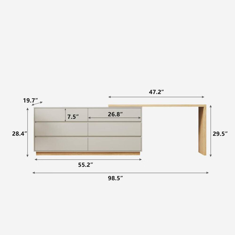 55.2 Inch White Corner L-Shaped Dressing Table, 6 Drawers