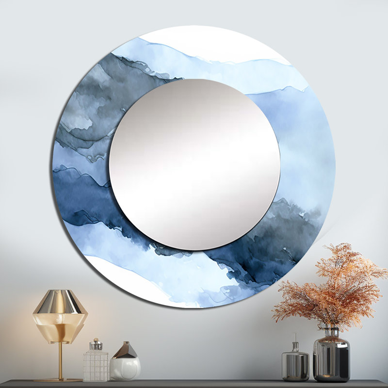 Sapphire Blue Nebula VII - grand miroir à encre liquide, miroir mural décoratif rond moderne, impression d'art en métal
