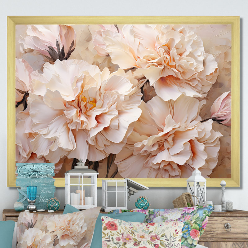 Arrangement d'œillets beige I sur toile, H 24 po x l 32 po x P 1 po, Cadre doré simple